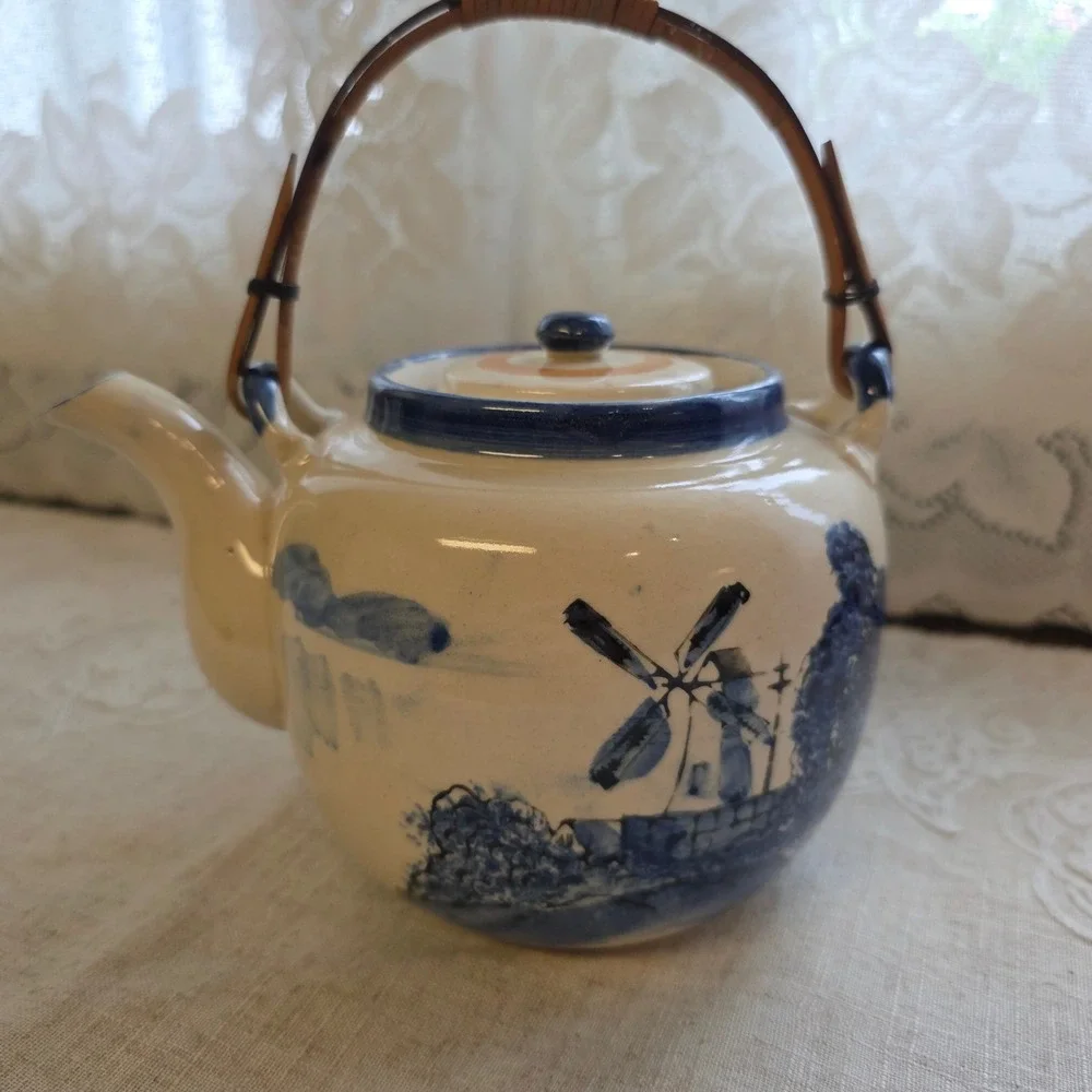 Vintage Teapot Small Blue White Windmill Japan Ceramic Bamboo Handle